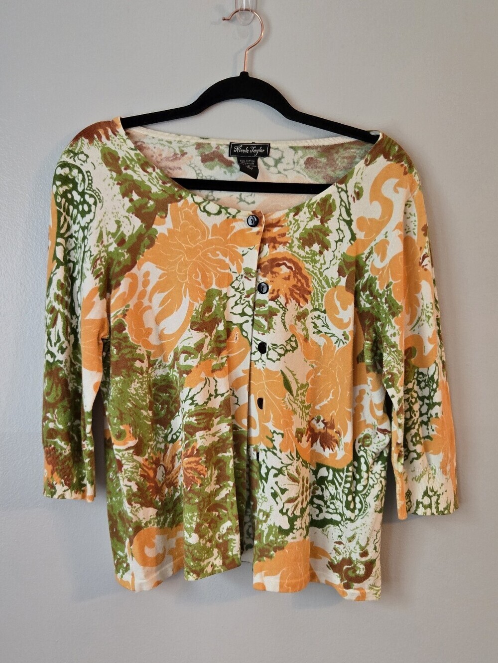 Nicole Taylor Floral Knit Cardigan Large L Green Orange Abstract Button Sweater